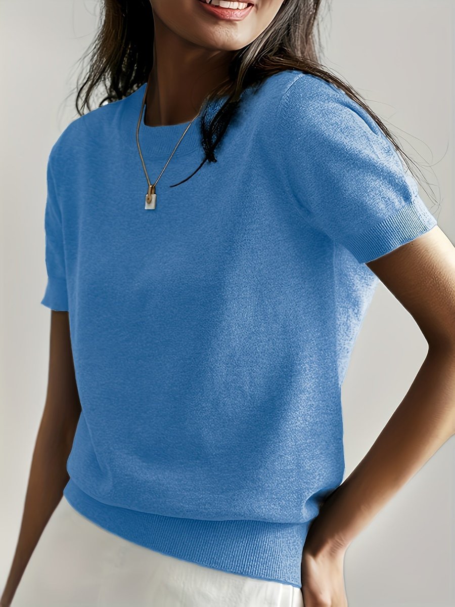 Women's Easy-Fit Short Sleeve Knit Sweater Top – Blue