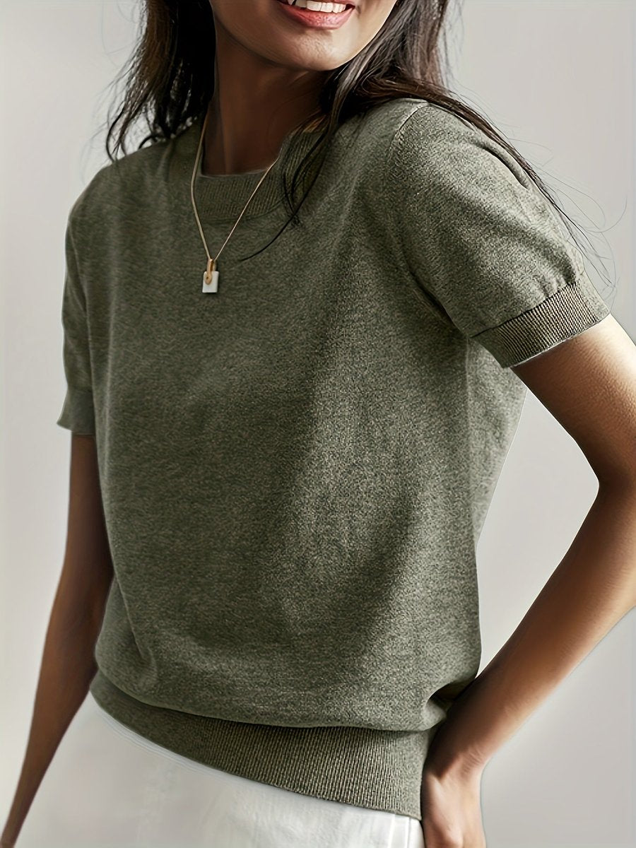 Women's Easy-Fit Short Sleeve Knit Sweater Top – Olive