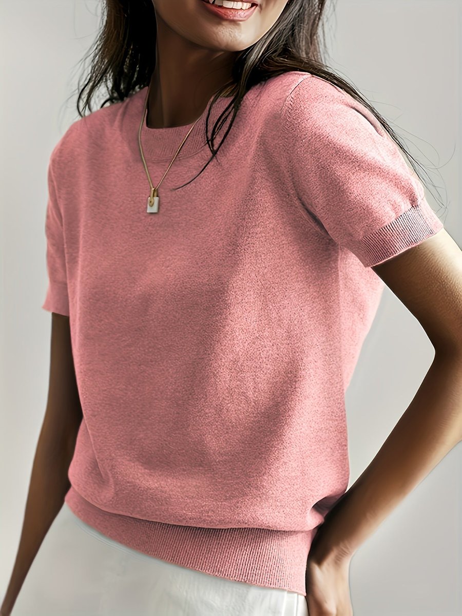 Women's Easy-Fit Short Sleeve Knit Sweater Top – Pink