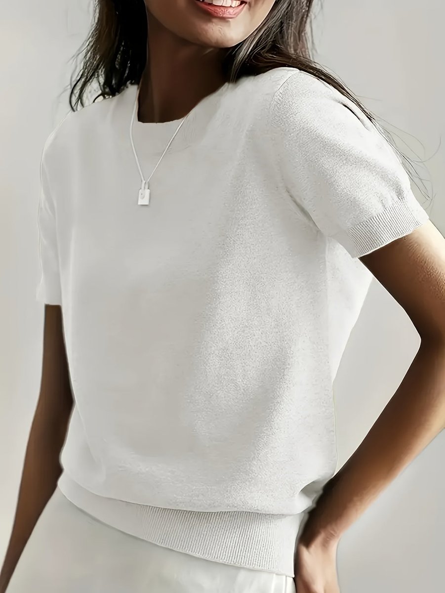 Women's Easy-Fit Short Sleeve Knit Sweater Top – White