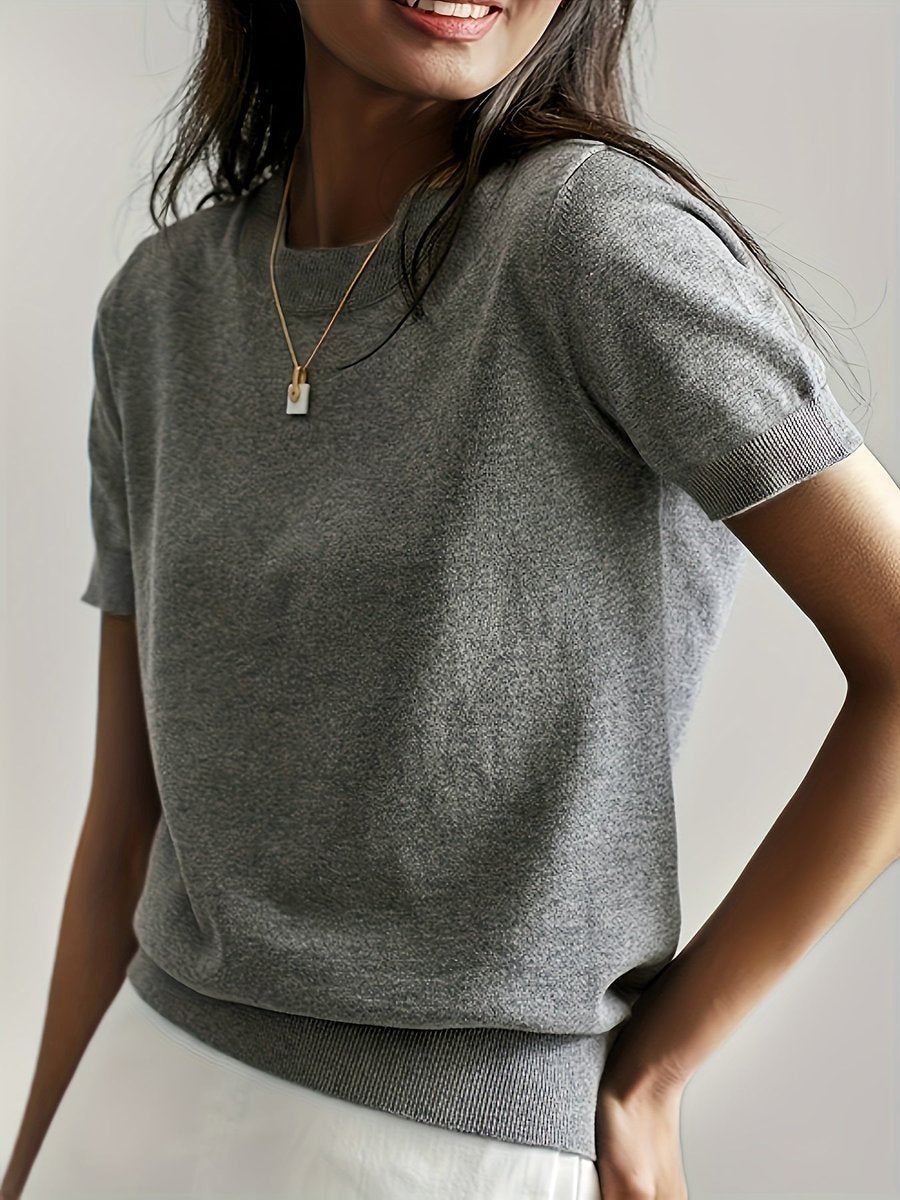 Women's Easy-Fit Short Sleeve Knit Sweater Top – Gray
