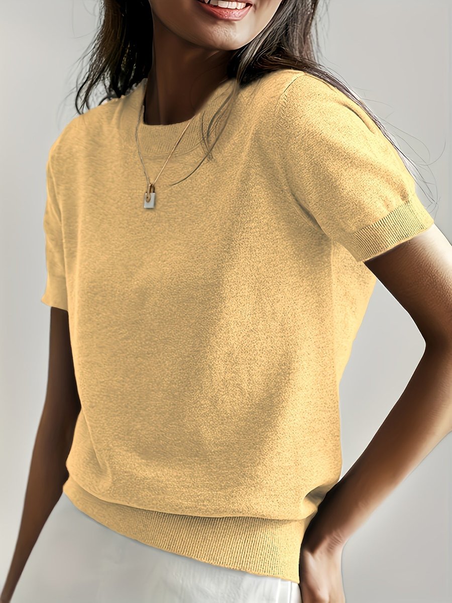 Women's Easy-Fit Short Sleeve Knit Sweater Top – Yellow