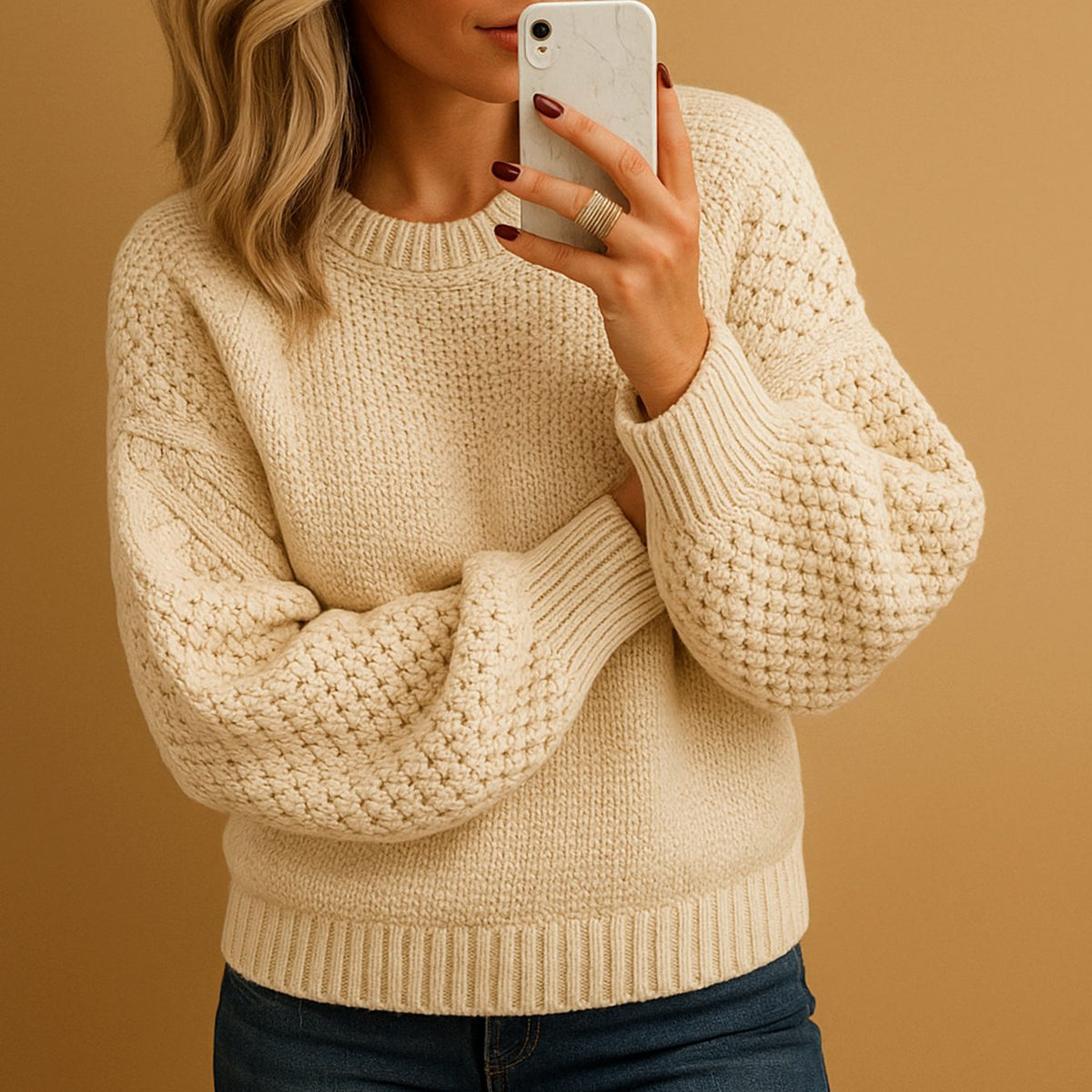 Women's Easy-Fit Textured Crew-Neck Knit Pullover – Beige