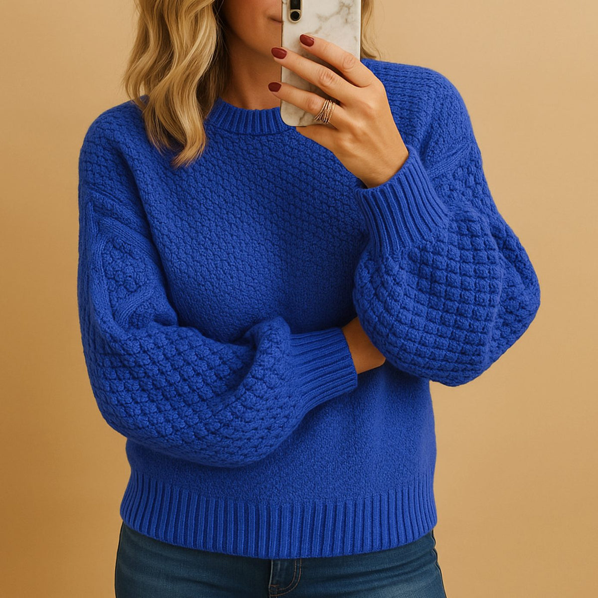 Women's Easy-Fit Textured Crew-Neck Knit Pullover – Blue