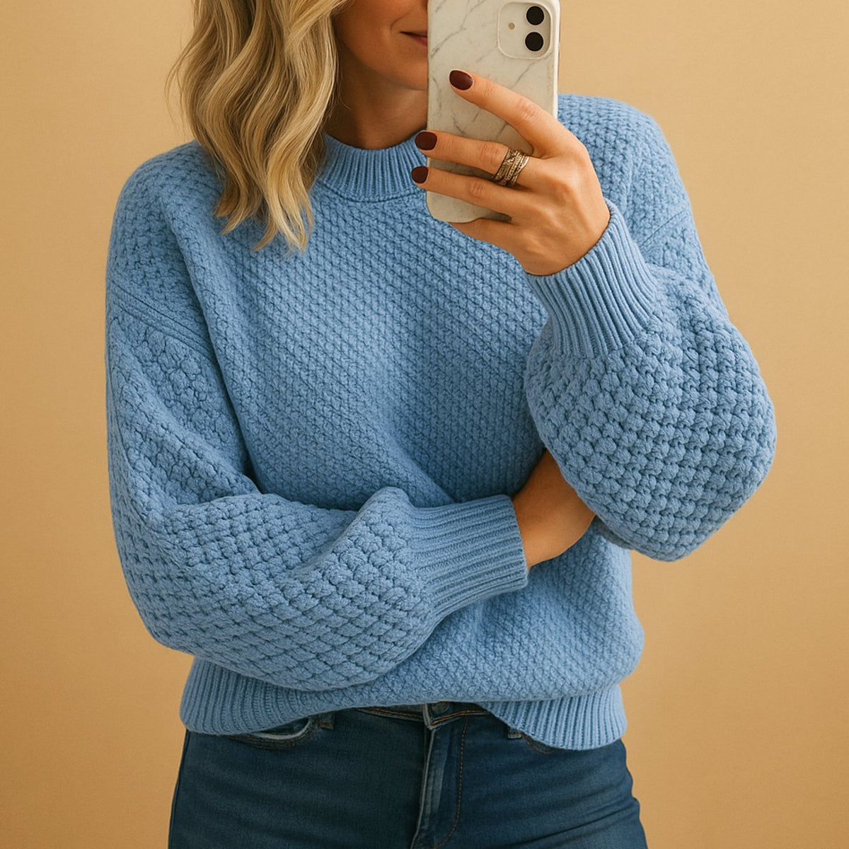 Women's Easy-Fit Textured Crew-Neck Knit Pullover – Light Blue