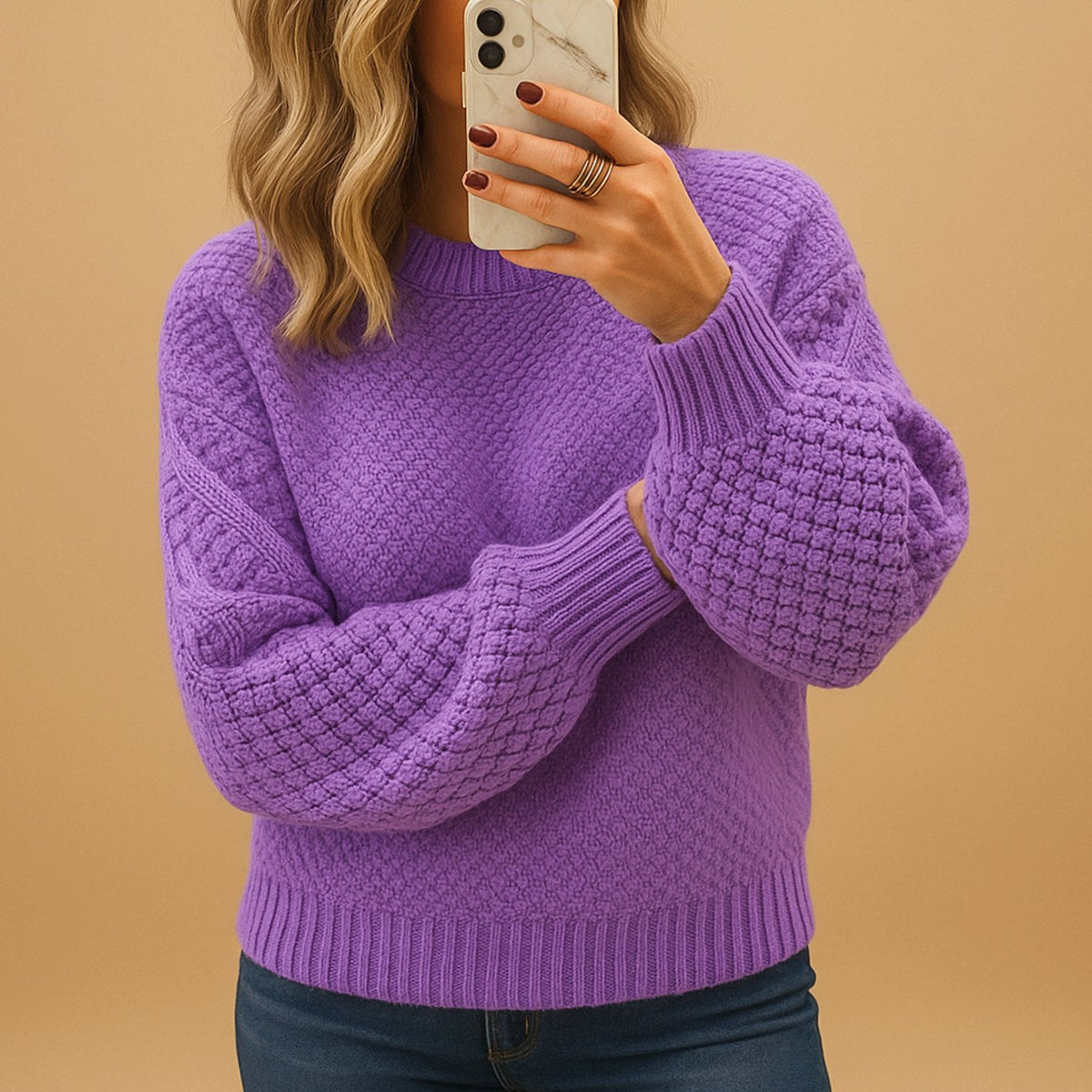 Women's Easy-Fit Textured Crew-Neck Knit Pullover – Purple