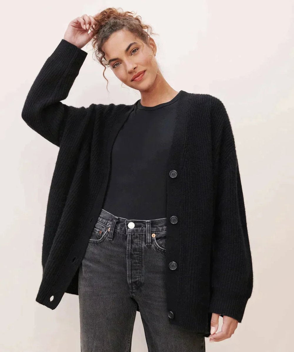 Women's Oversized V-Neckline Button-Front Knit Cardigan – Black