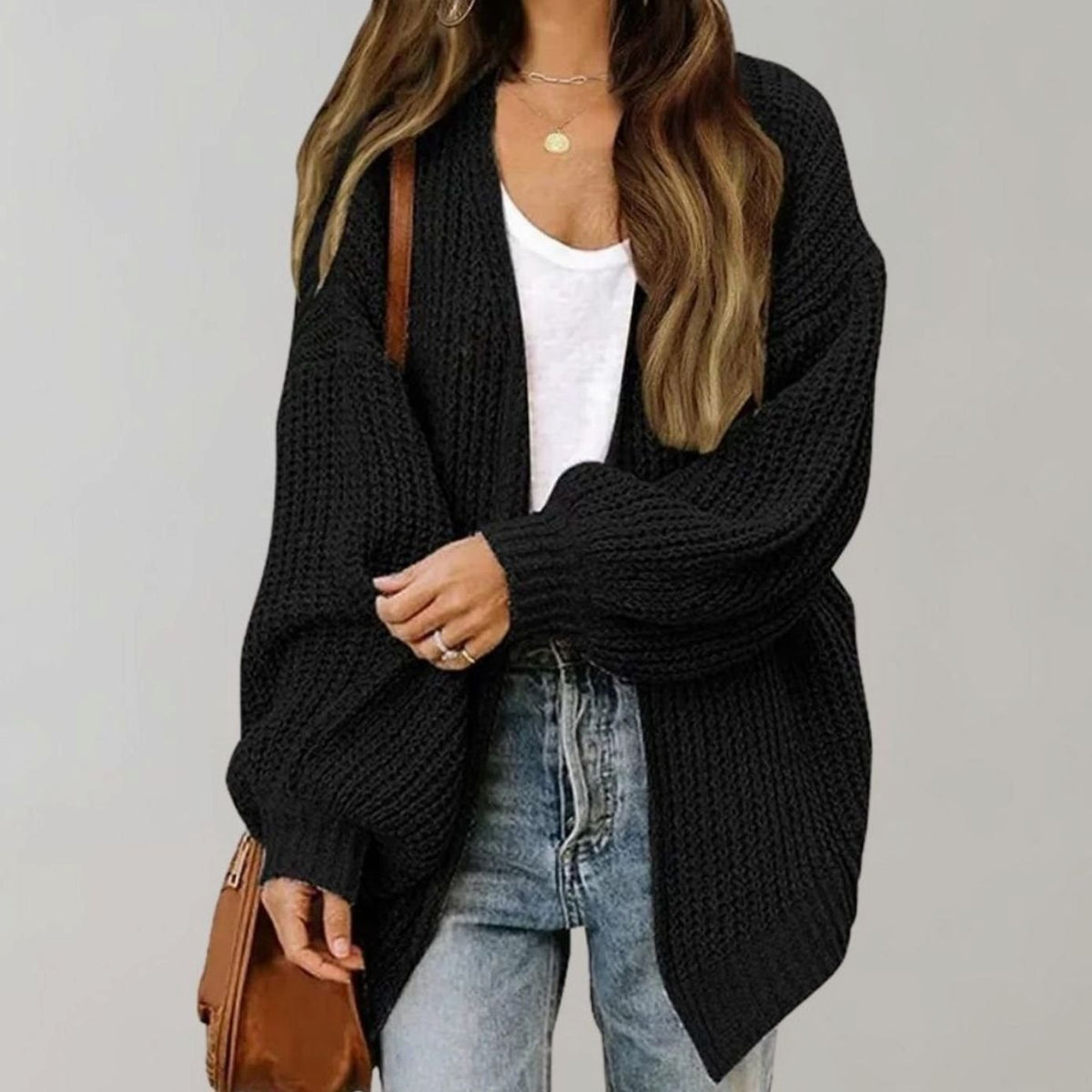 Women's Easy-Fit Loose-Fit Open-Style Knit Cardigan – Black