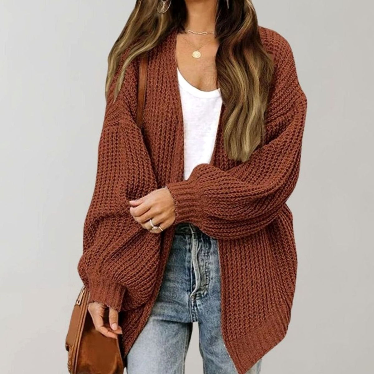 Women's Easy-Fit Loose-Fit Open-Style Knit Cardigan – Coffee