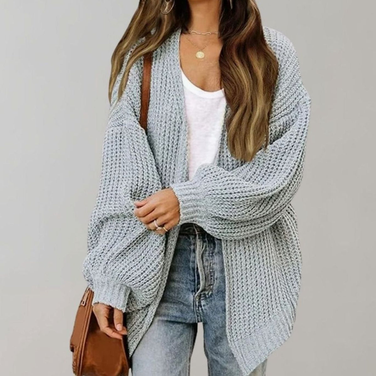 Women's Easy-Fit Loose-Fit Open-Style Knit Cardigan – Gray