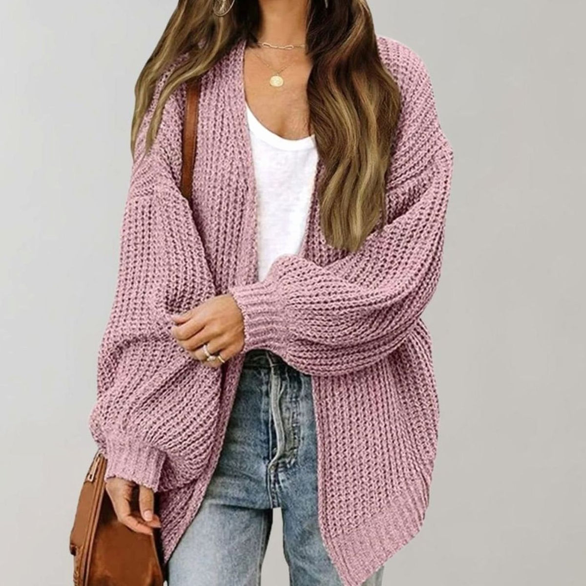 Women's Easy-Fit Loose-Fit Open-Style Knit Cardigan – Pink