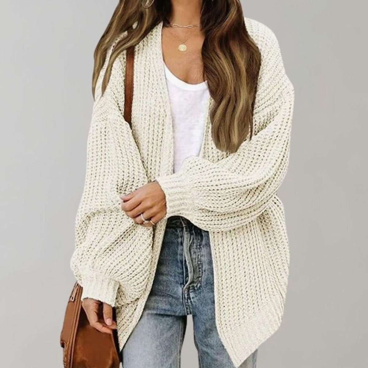 Women's Easy-Fit Loose-Fit Open-Style Knit Cardigan – White