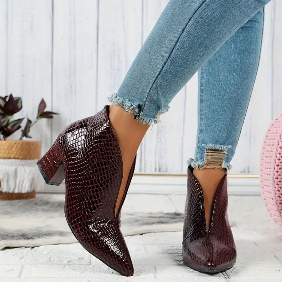 Women's Reptile Textured V-Cut Booties – Burgundy