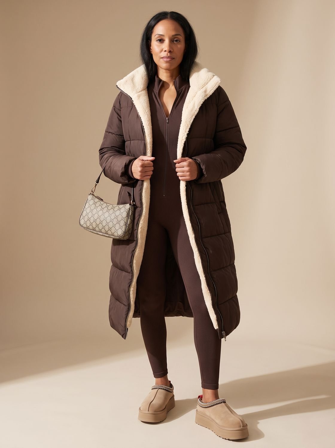 Women's Reversible Sherpa and Padded Hood-Detail Coat – Brown