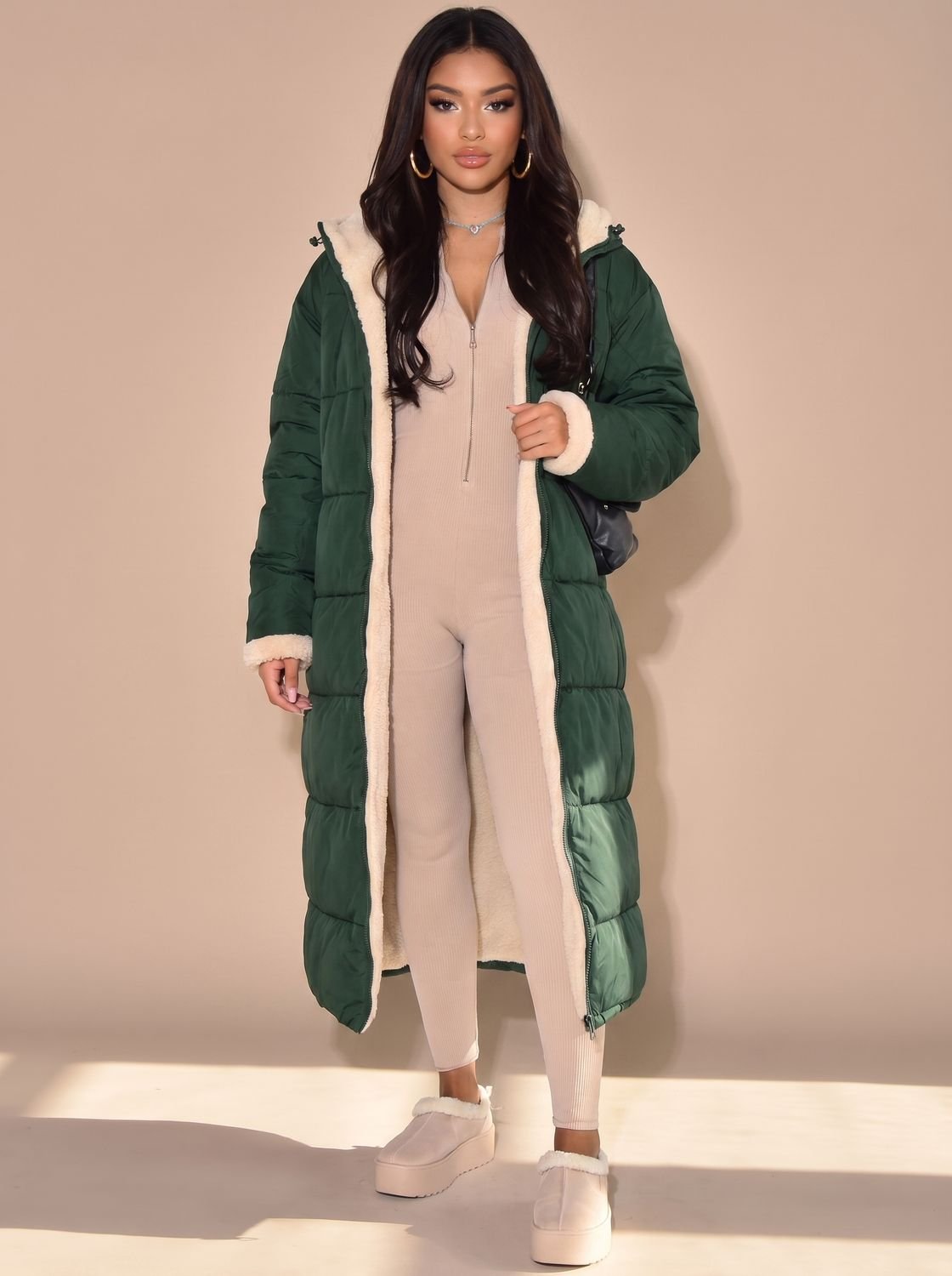 Women's Reversible Sherpa and Padded Hood-Detail Coat – Green