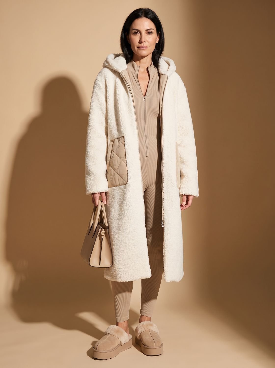Women's Reversible Sherpa and Padded Hood-Detail Coat – White