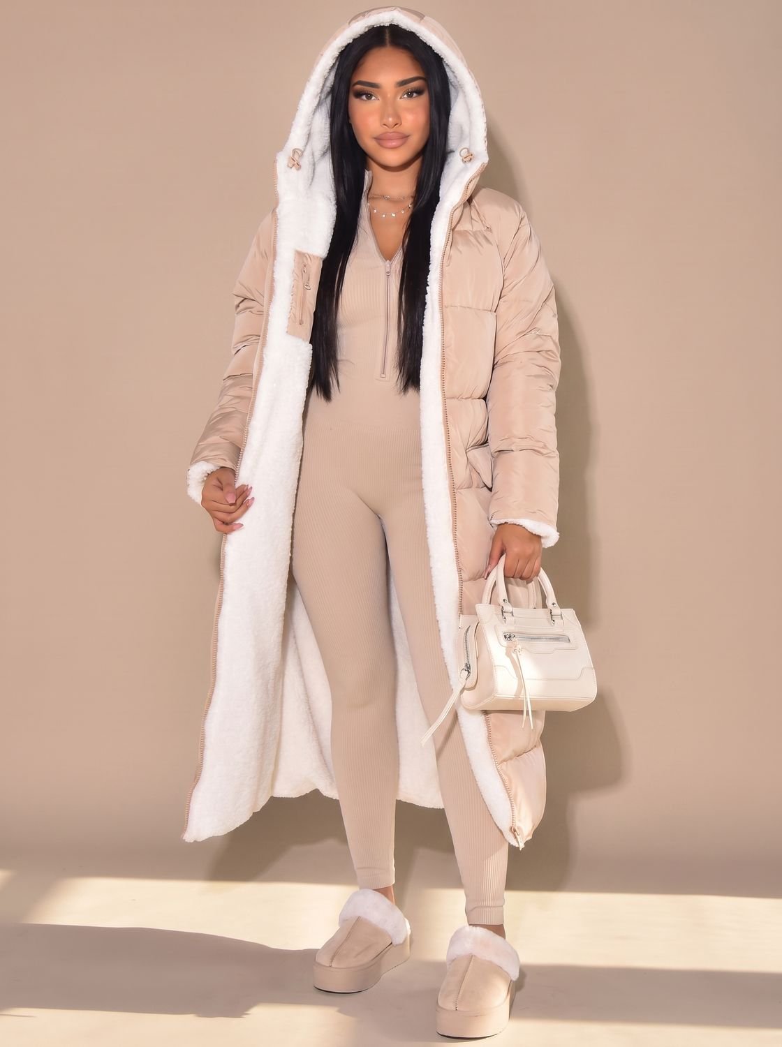 Women's Reversible Sherpa and Padded Hood-Detail Coat – Beige