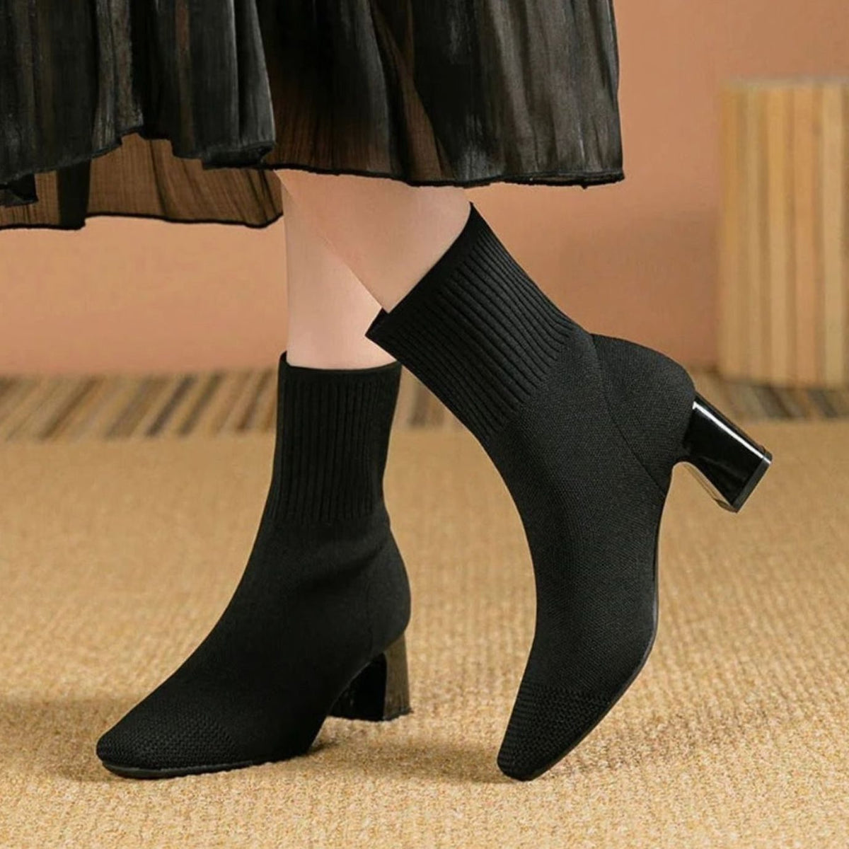 Women's Rib-Knit Sock Booties with Block Heel – Black