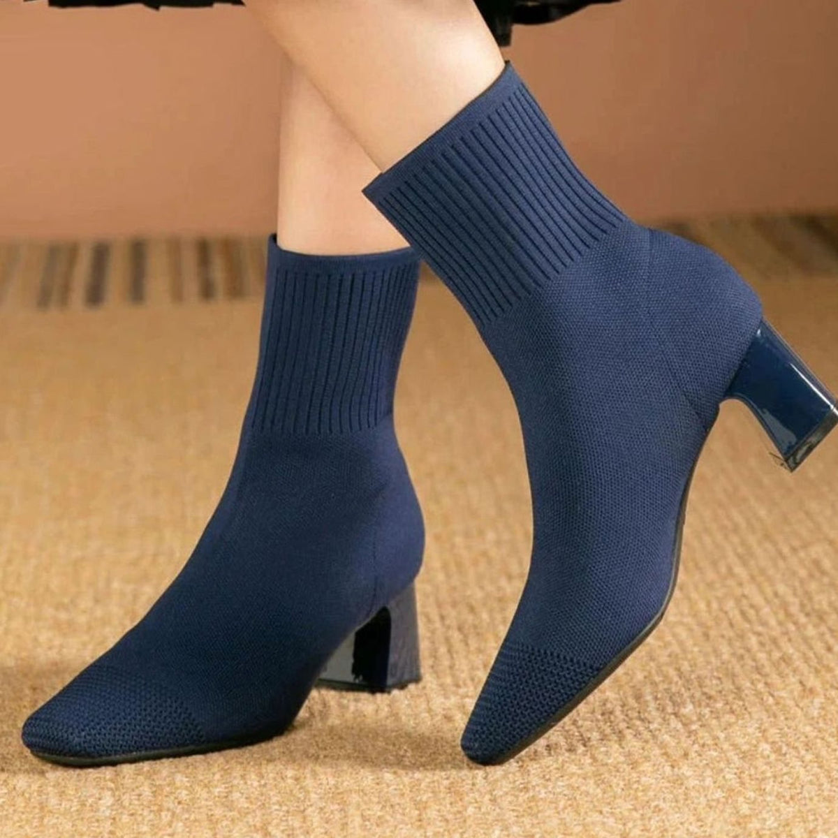 Women's Rib-Knit Sock Booties with Block Heel – Blue