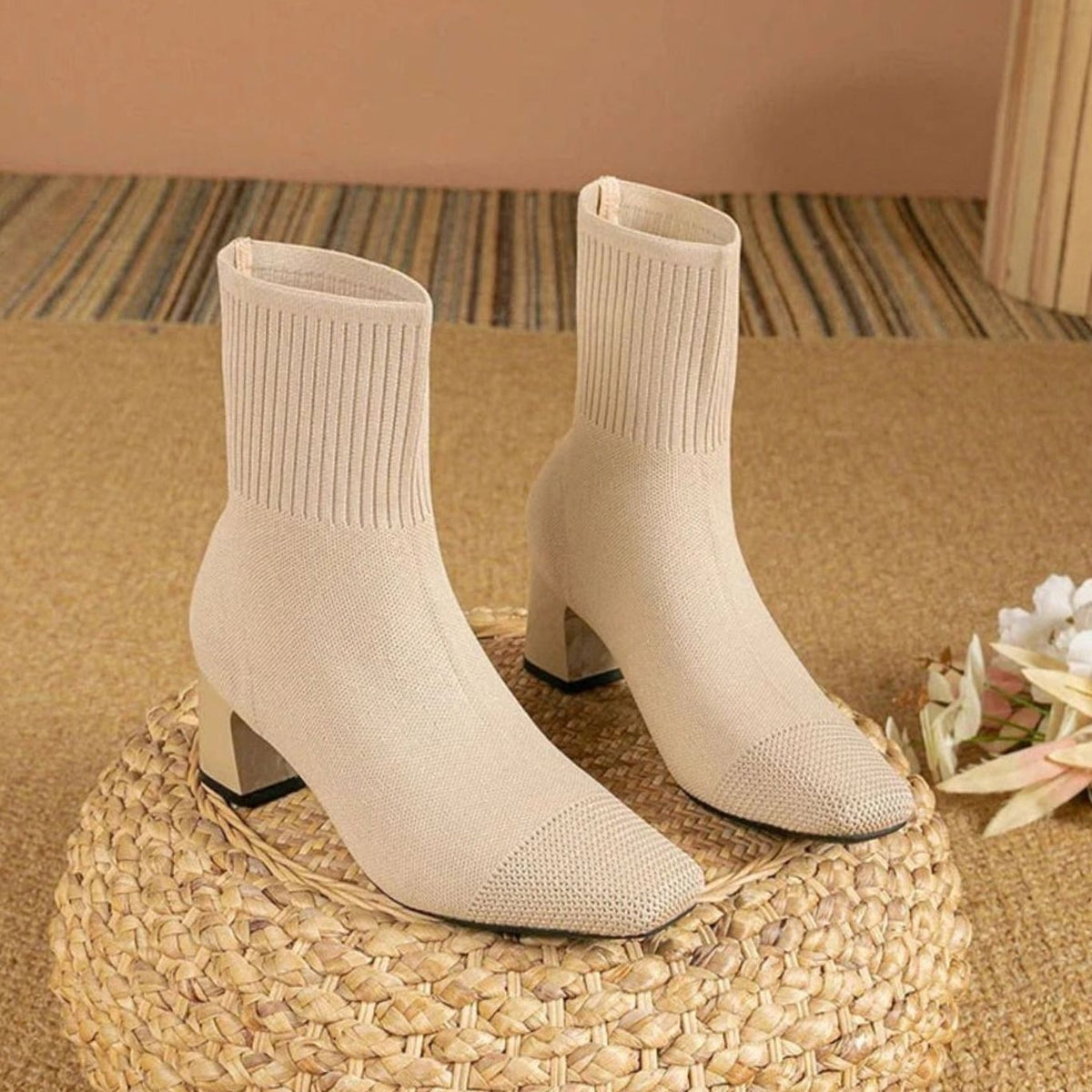 Women's Rib-Knit Sock Booties with Block Heel – view 3