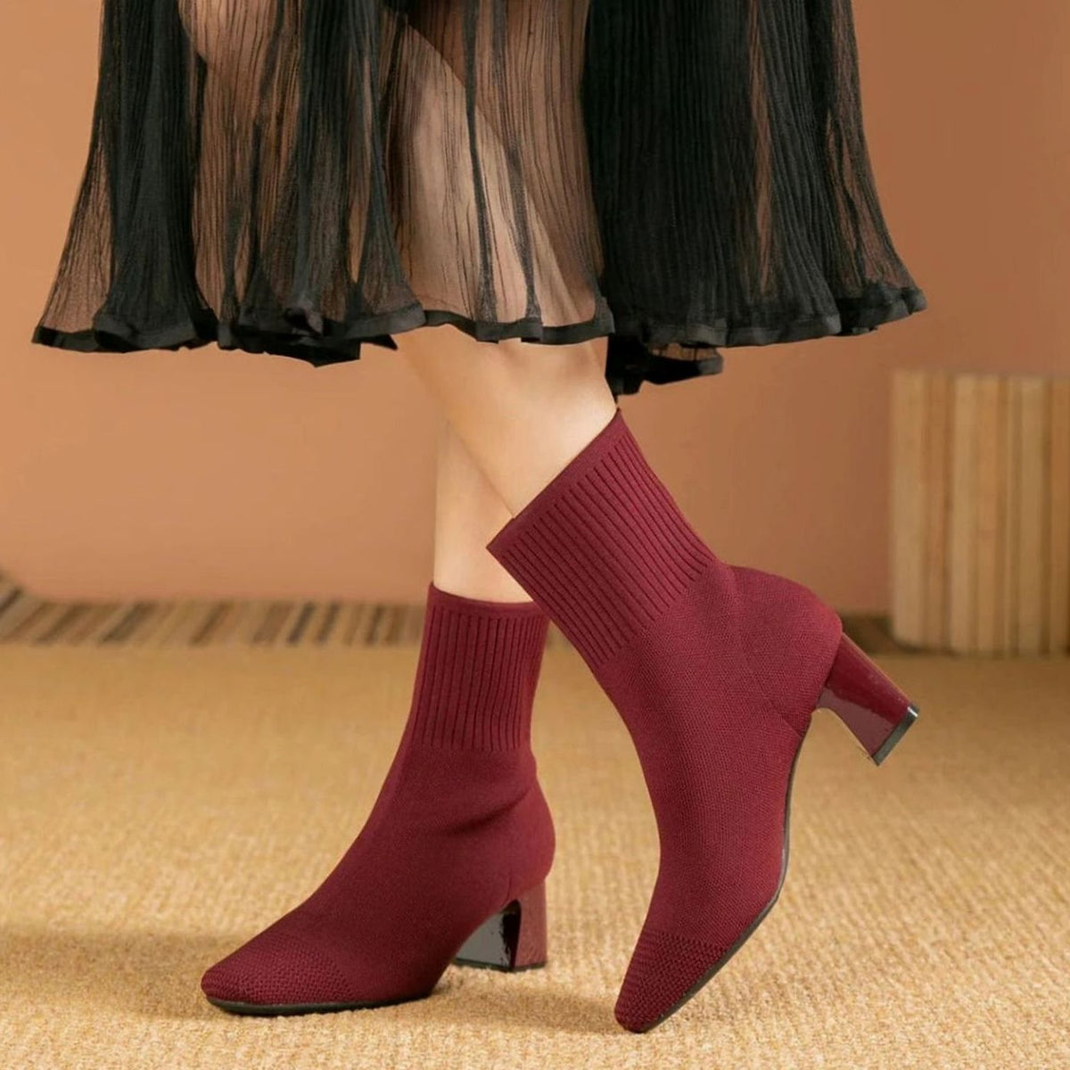 Women's Rib-Knit Sock Booties with Block Heel – view 4