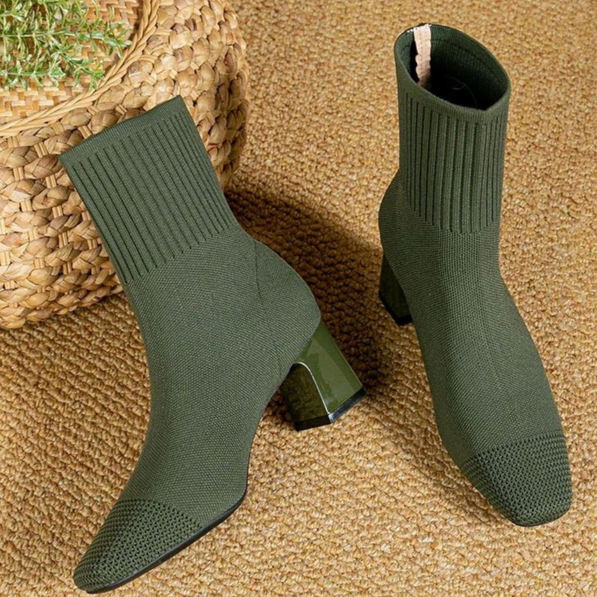 Women's Rib-Knit Sock Booties with Block Heel – view 5