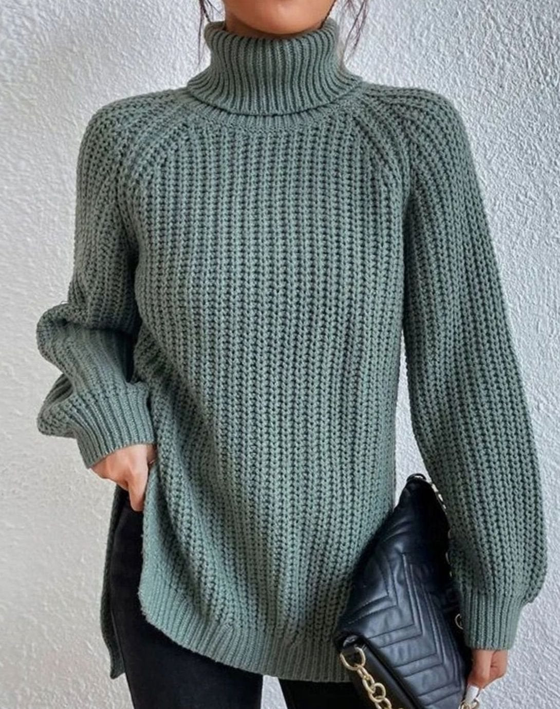 Women's Rib-Knit Roll-Neck Chunky-Knit Sweater – Green