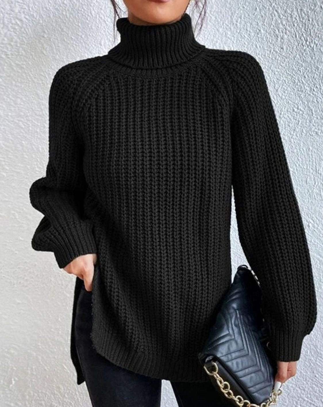 Women's Rib-Knit Roll-Neck Chunky-Knit Sweater – Black