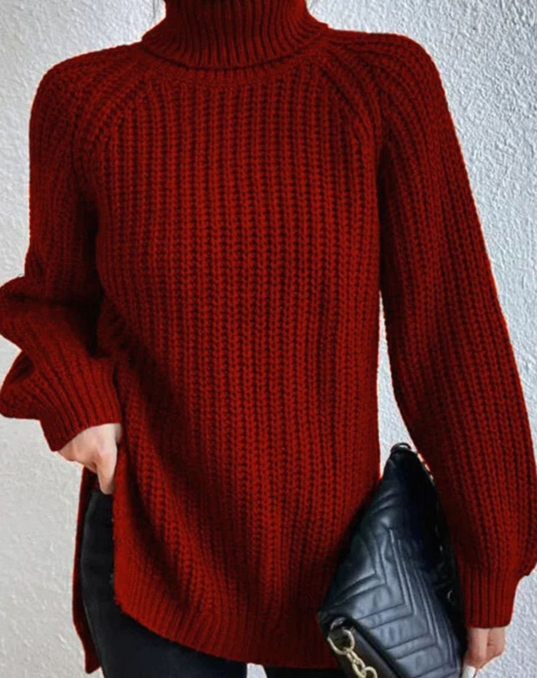 Women's Rib-Knit Roll-Neck Chunky-Knit Sweater – Burgundy