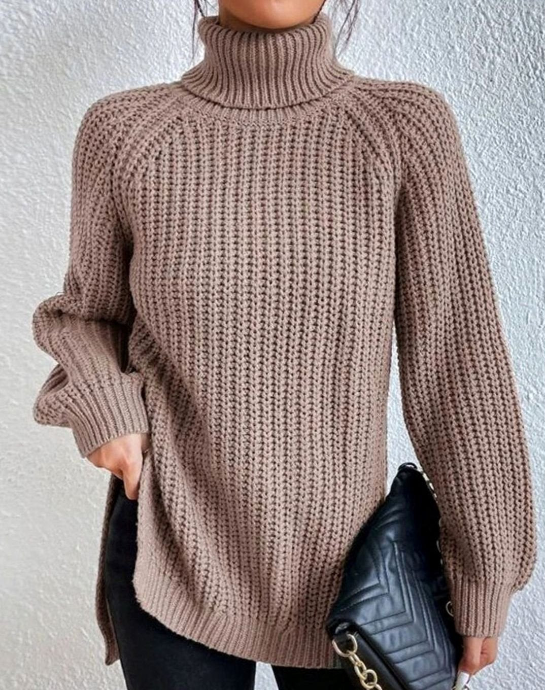 Women's Rib-Knit Roll-Neck Chunky-Knit Sweater – Khaki