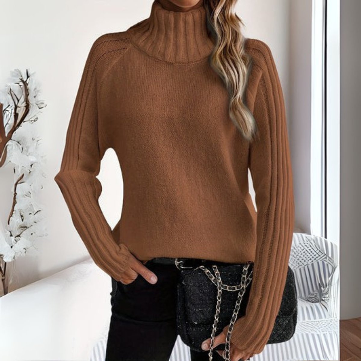 Women's Rib-Knit Roll-Neck Knit Sweater Relaxed-Fit Raglan Sweater – Brown