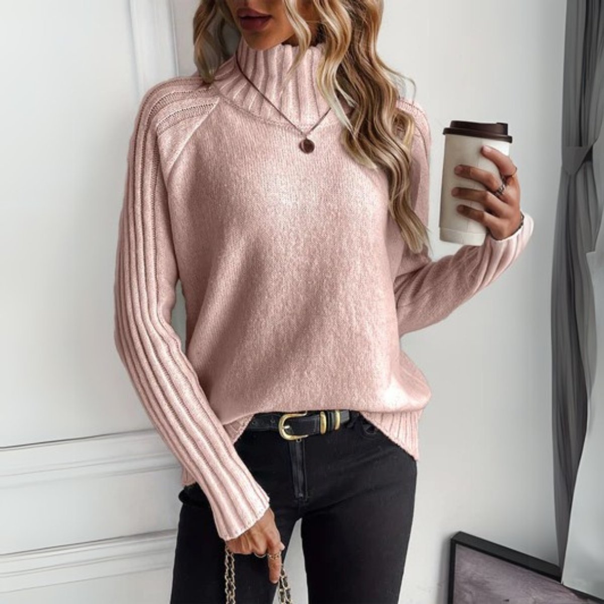 Women's Rib-Knit Roll-Neck Knit Sweater Relaxed-Fit Raglan Sweater – Pink