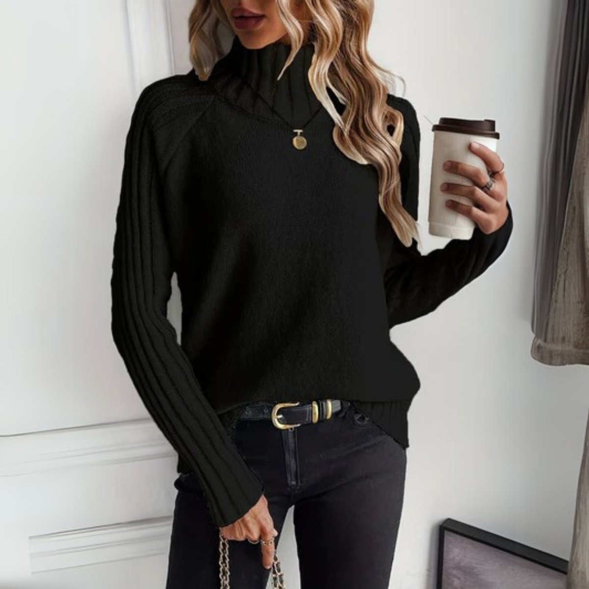 Women's Rib-Knit Roll-Neck Knit Sweater Relaxed-Fit Raglan Sweater – Black