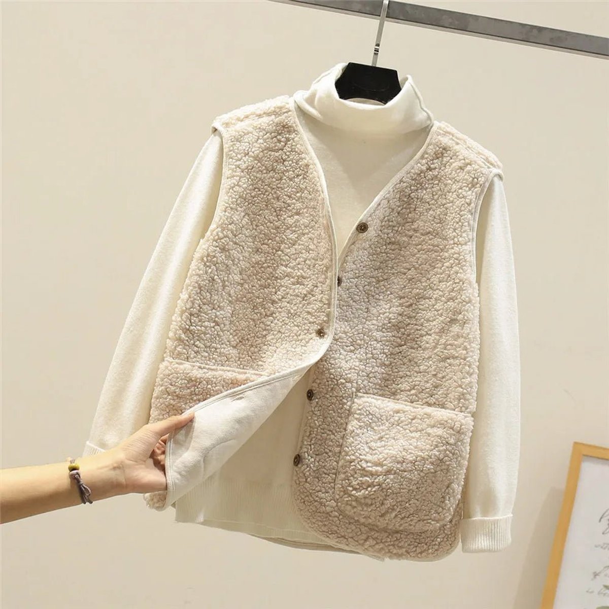 Women's Reversible Sherpa Fleece Vest for Work – Beige