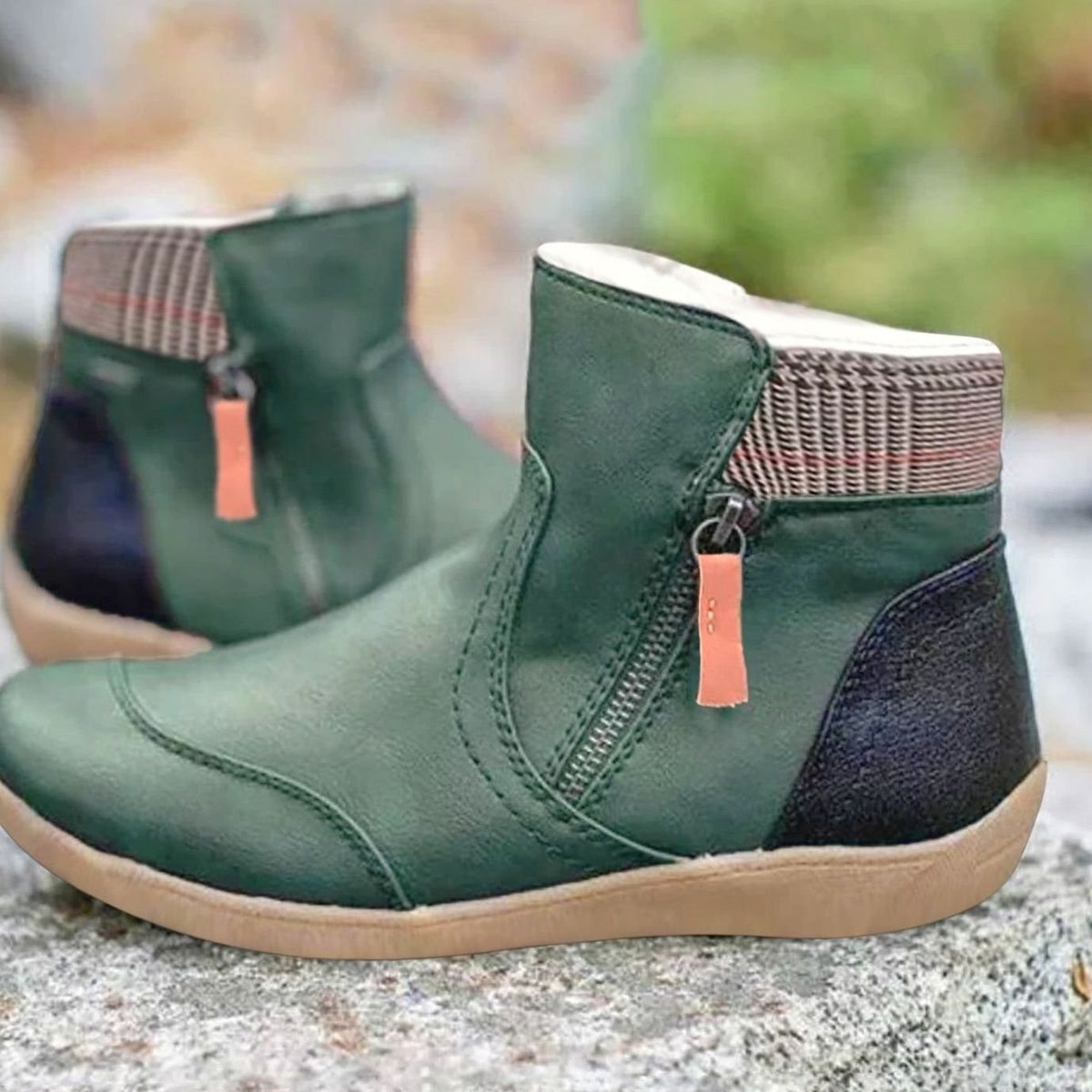 Women's Side-Zip Flat-Sole Ankle Boots Colorblock – Green