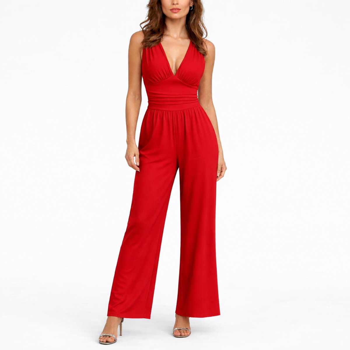 Women's Deep V-Neckline Wide-Cut Jumpsuit – Red