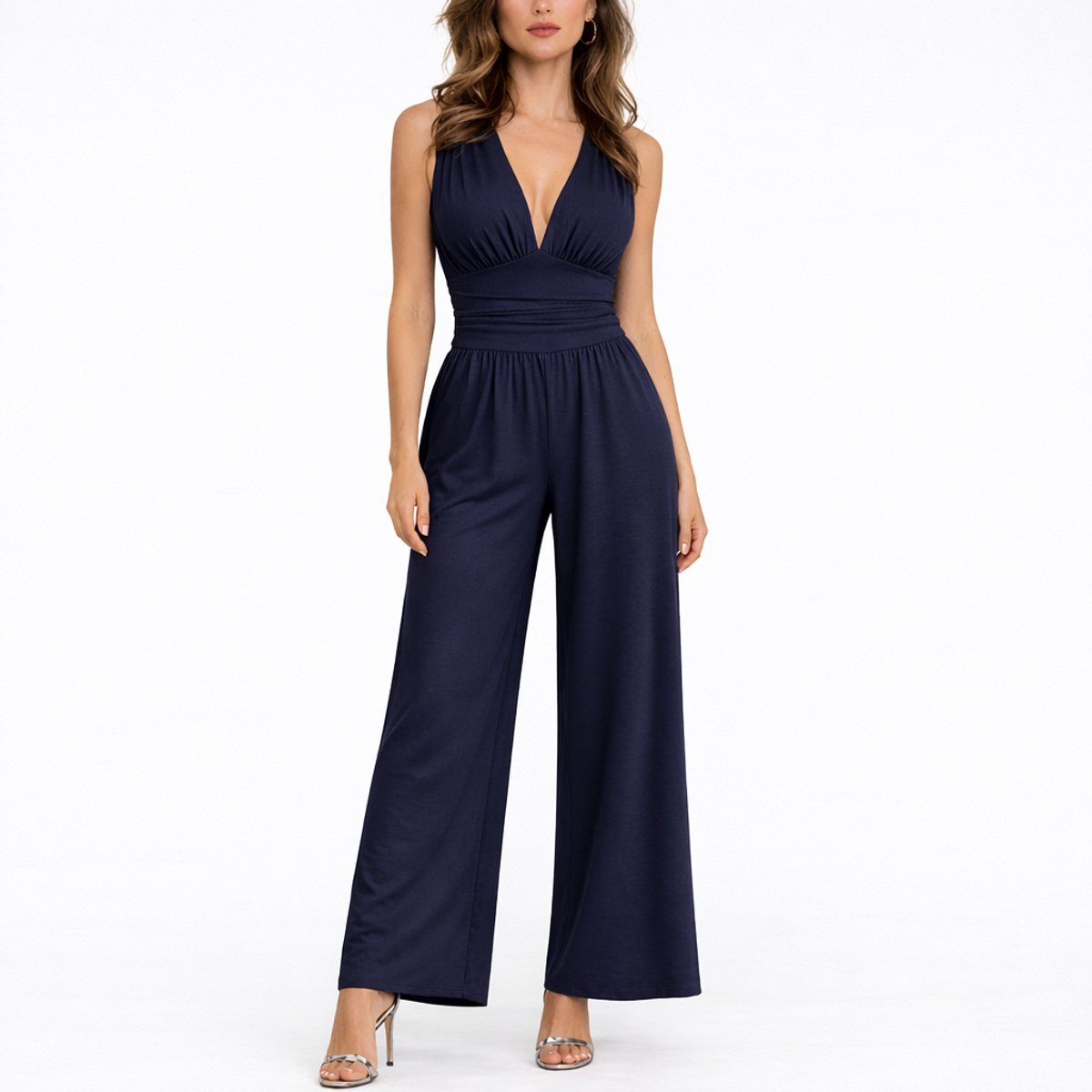 Women's Deep V-Neckline Wide-Cut Jumpsuit – Navy