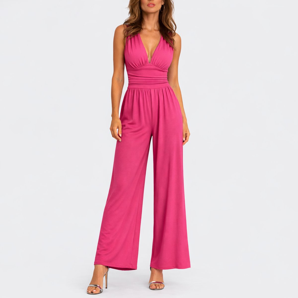 Women's Deep V-Neckline Wide-Cut Jumpsuit – Pink