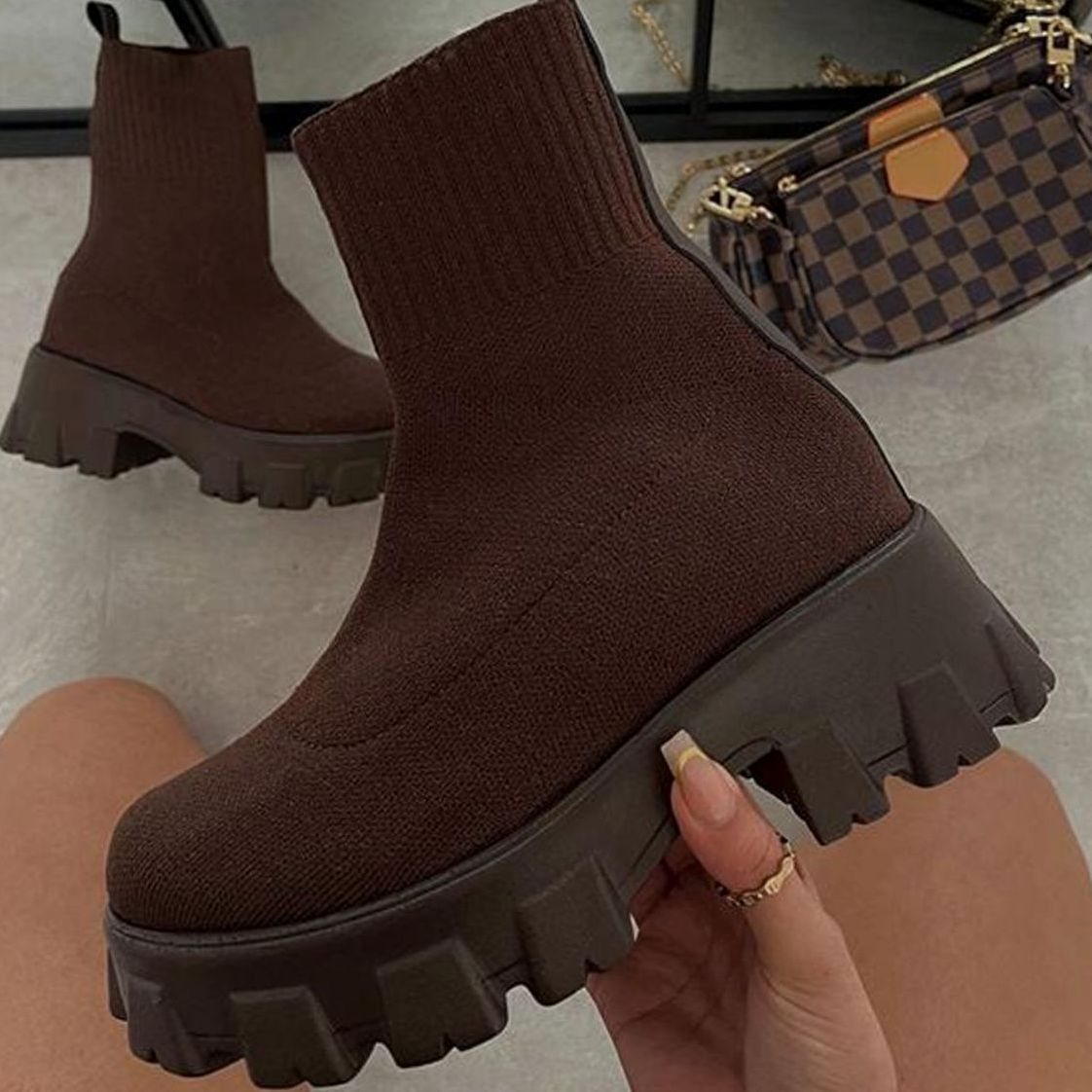 Women's Slip-On Knit Sock Boots – Brown