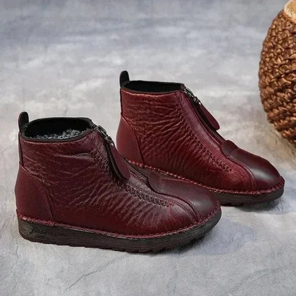 Women's Slip-Resistant Fleece-Backed Leather Booties – Red