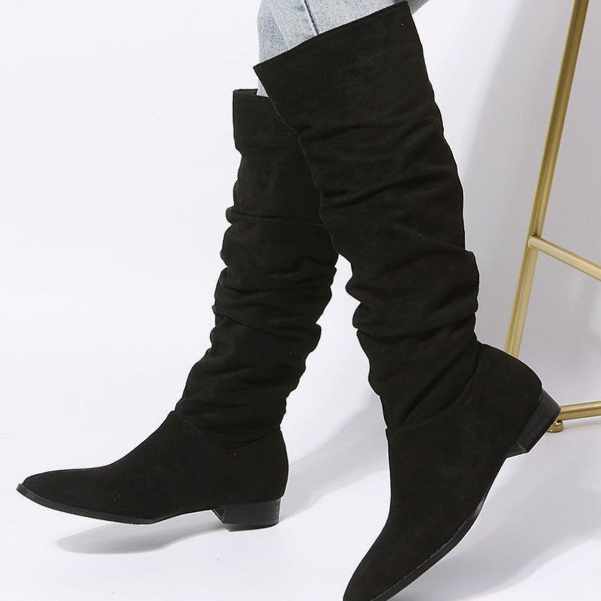 Women's Pointed-Toe Slouchy Knee-High Suede-Finish Boots – Black