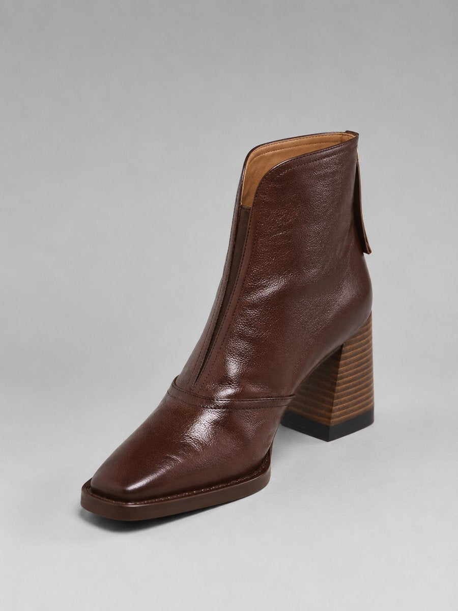 Women's Square-Toe Block-Heel Leather-Look Boots – Brown