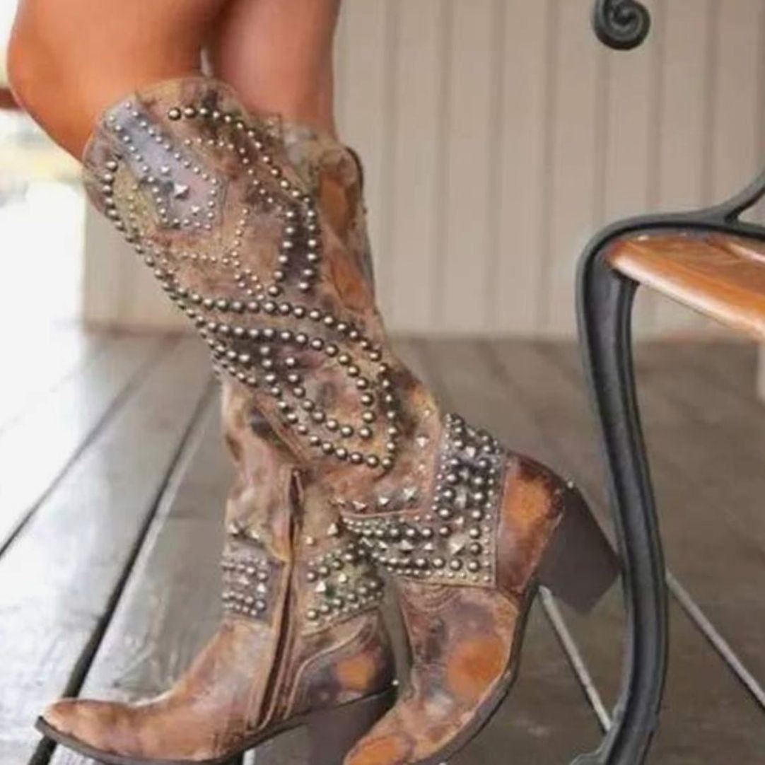Women's Studded Pointed-Toe Knee-High Western Cowboy Boots for Layering – Brown