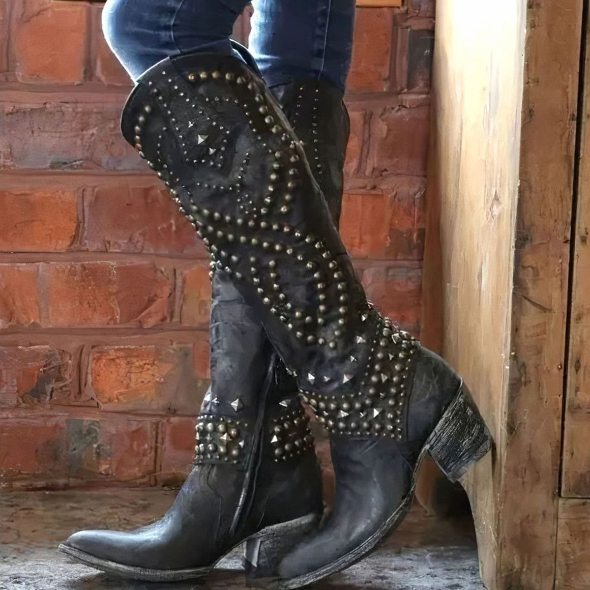 Women's Studded Pointed-Toe Knee-High Western Cowboy Boots for Layering – Black