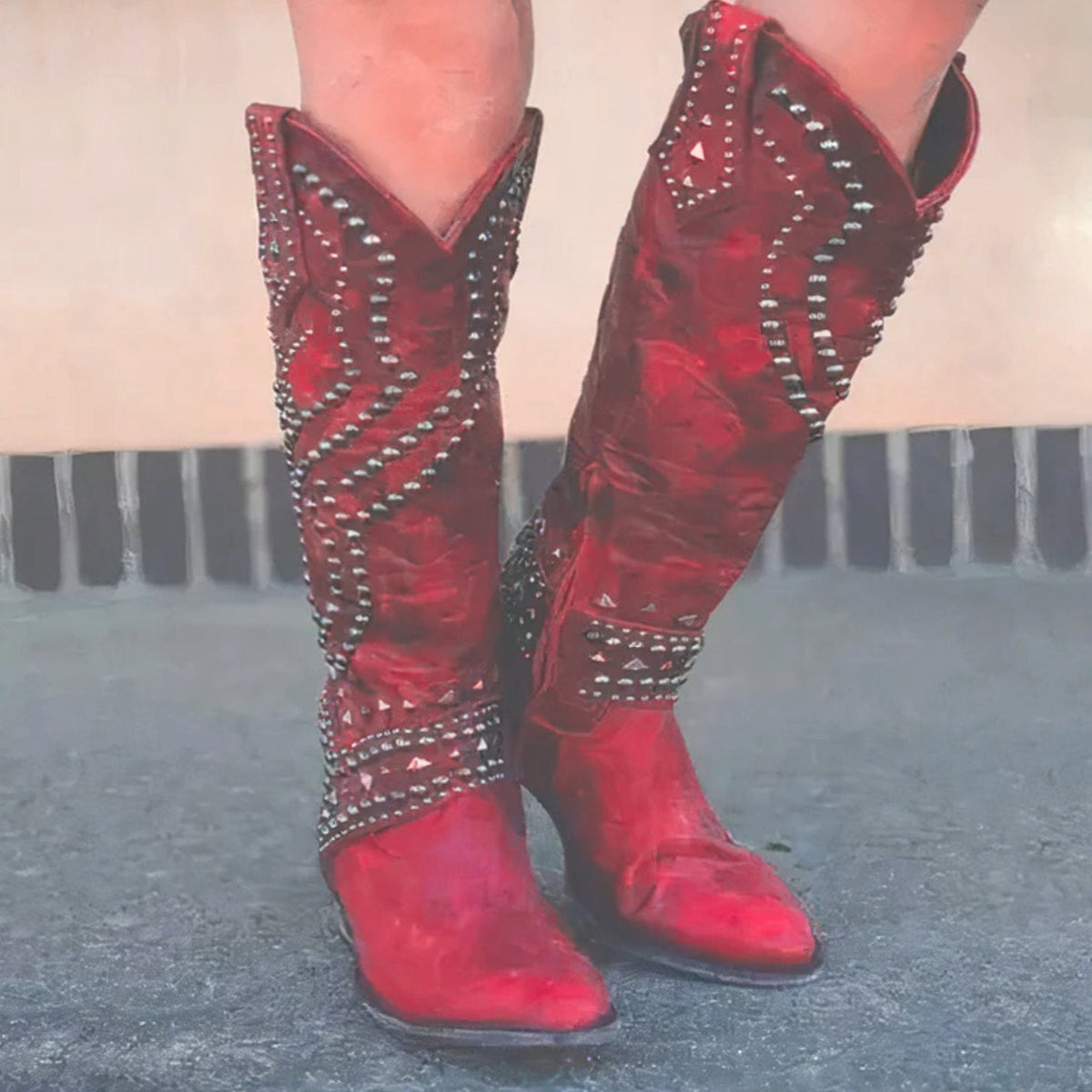 Women's Studded Pointed-Toe Knee-High Western Cowboy Boots for Layering – view 3