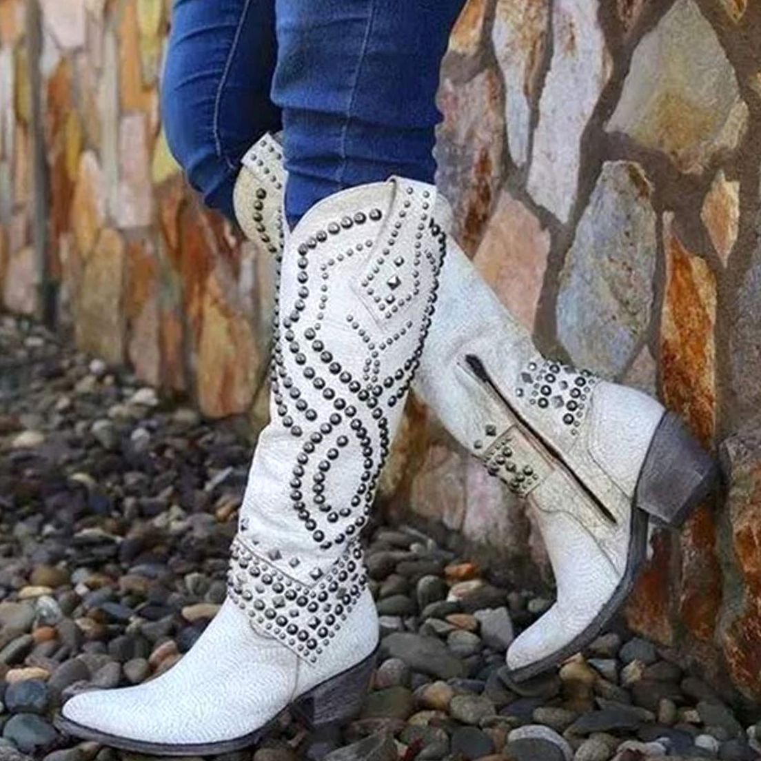 Women's Studded Pointed-Toe Knee-High Western Cowboy Boots for Layering – view 4