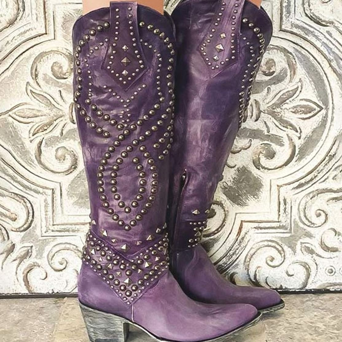 Women's Studded Pointed-Toe Knee-High Western Cowboy Boots for Layering – view 5