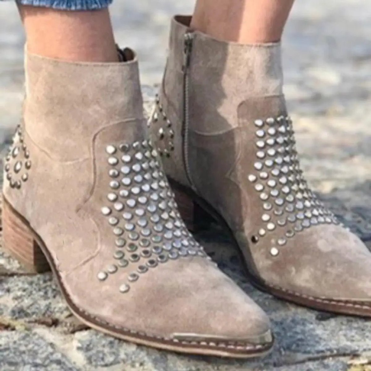Women's Studded Suede-Finish Side-Zip Block-Heel Booties – view 2