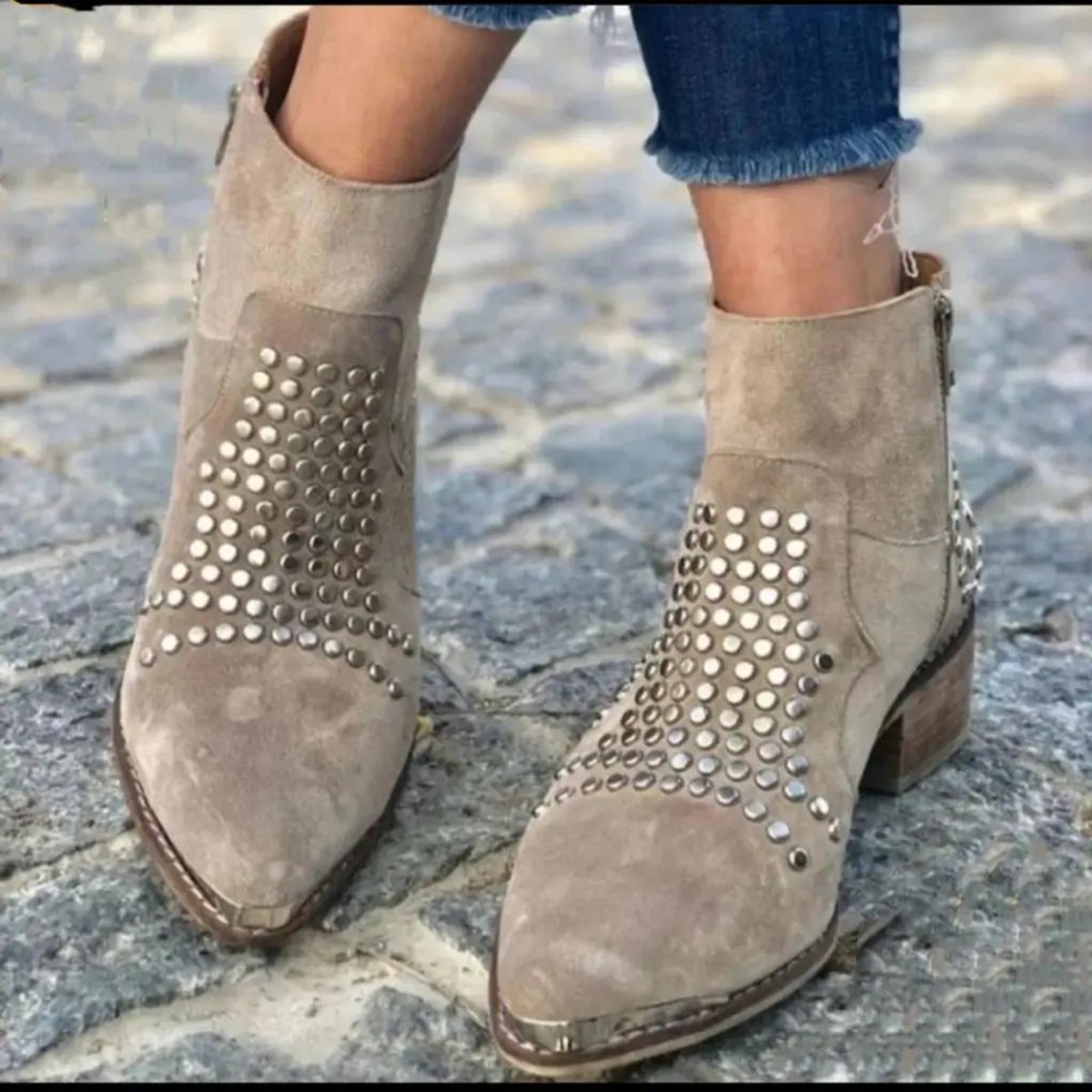 Women's Studded Suede-Finish Side-Zip Block-Heel Booties – 4
