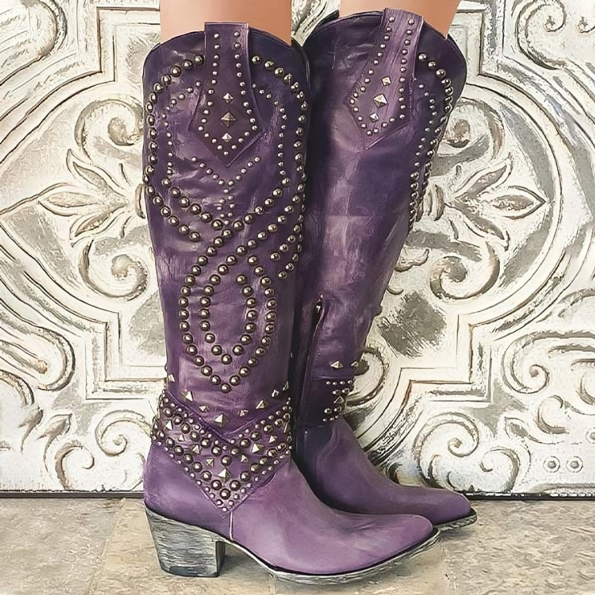 Women's Studded Western Knee High Boots for Evening Wear – Purple